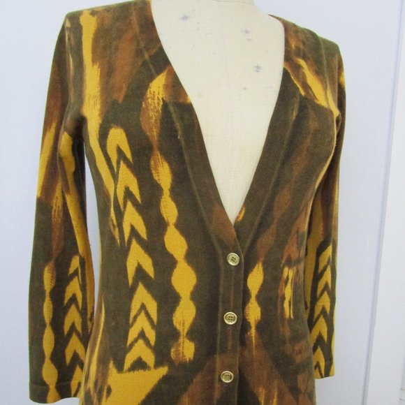 SILK CASHMERE Cardigan Sweater Knit Abstract Brown Gold Logo Button - Picture 2 of 10